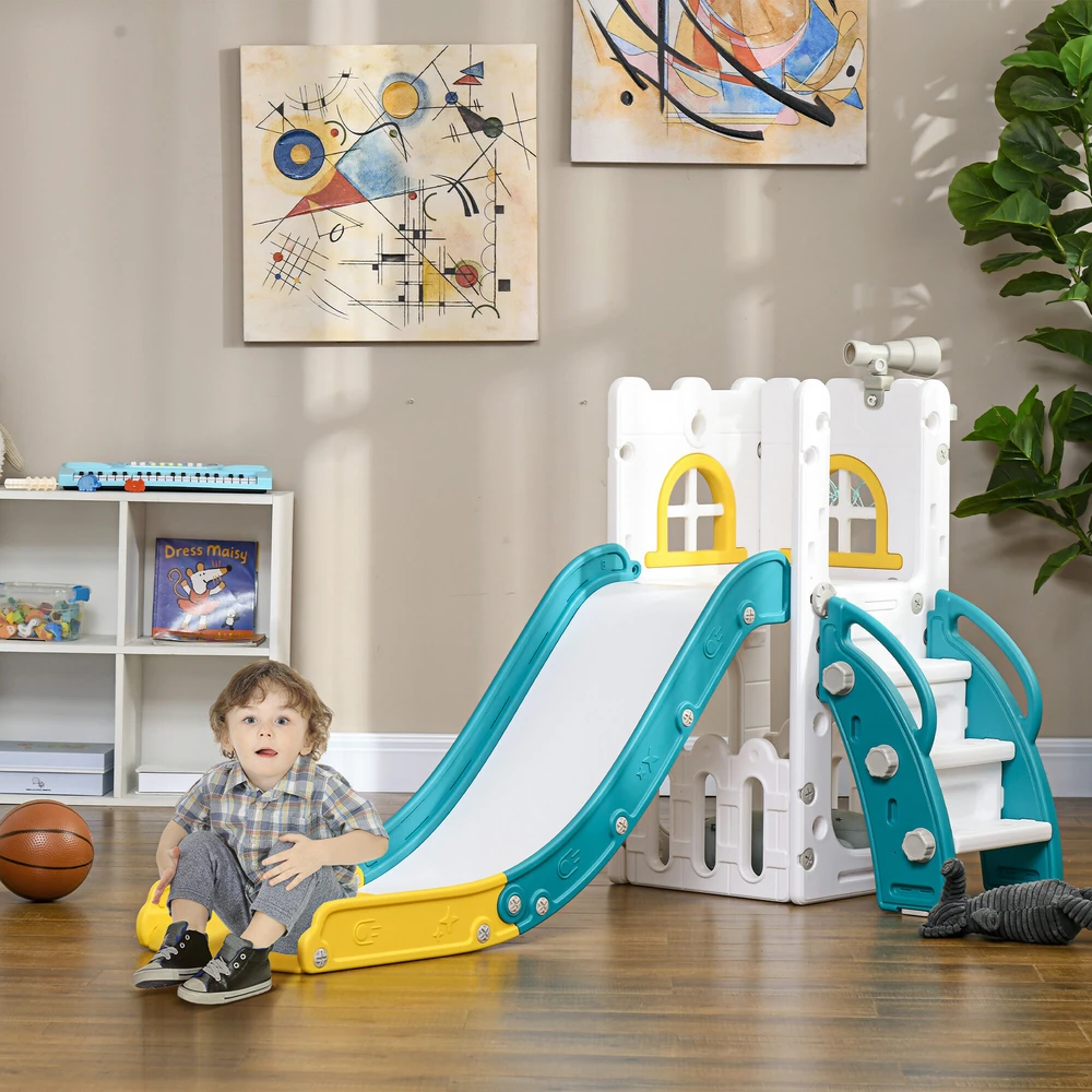 AIYAPLAY Vaikų čiuožykla, 4-in-1, mažylių čiuožykla su krepšinio lanku, teleskopinė laipiojimo konstrukcija su krepšinio lanku vaikams nuo 1 iki 3 metų, vidaus, geltona, 70 x 177 x 92 cm