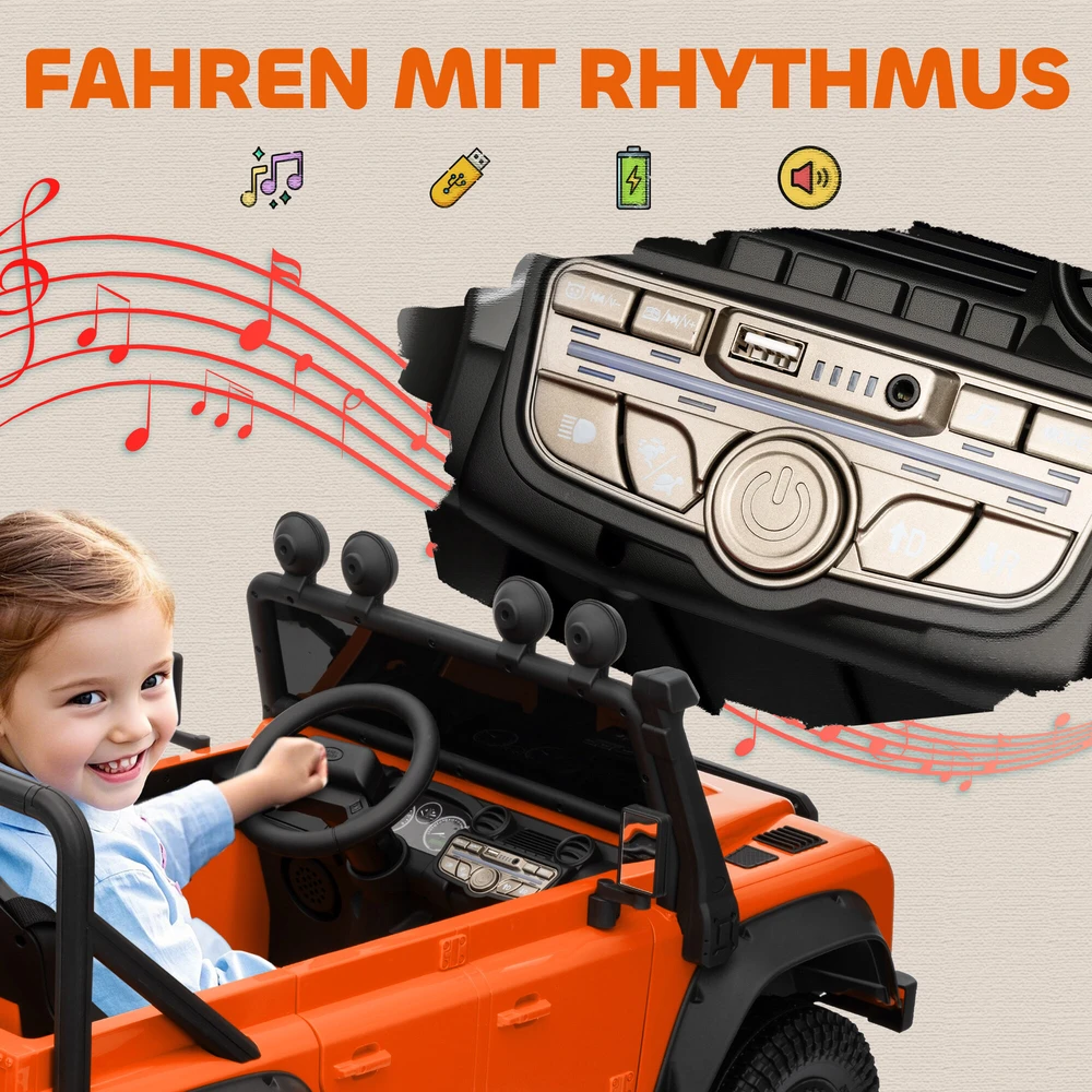AIYAPLAY vaikiškas elektromobilis, 12V akumuliatorinis, su nuotolinio valdymo pultu, muzikos funkcija, garsiniu signalu, LED šviesomis, oranžinis