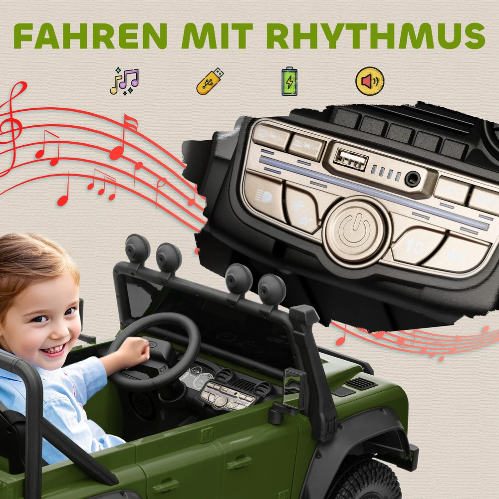 AIYAPLAY vaikiškas elektromobilis, 12V akumuliatorinis, su nuotolinio valdymo pulteliu, muzikos funkcija, garsiniu signalu, LED žibintais, žalias