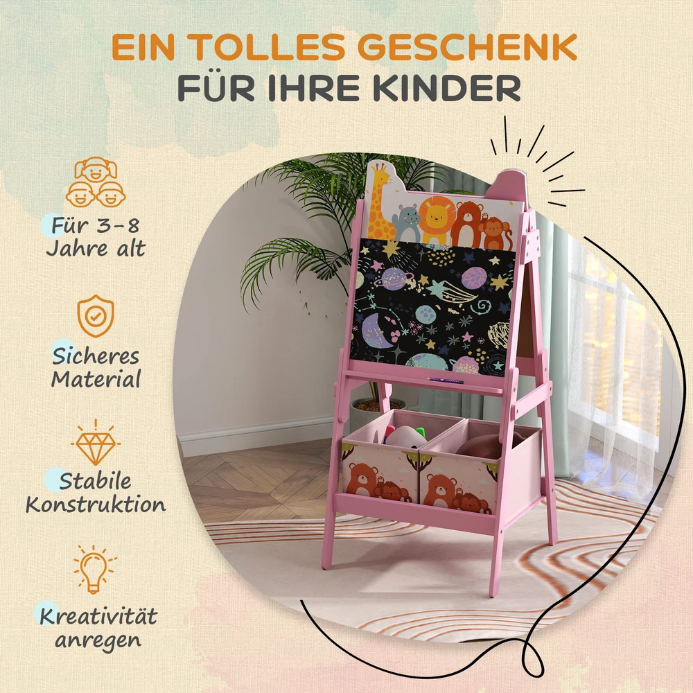 AIYAPLAY 2-in-1 vaikiška lenta, dvipusė vaikiška molbertas, molbertas su kreidos lenta, lenta žymekliams, daiktadėžės, vaikams nuo 3-8 metų, rožinė