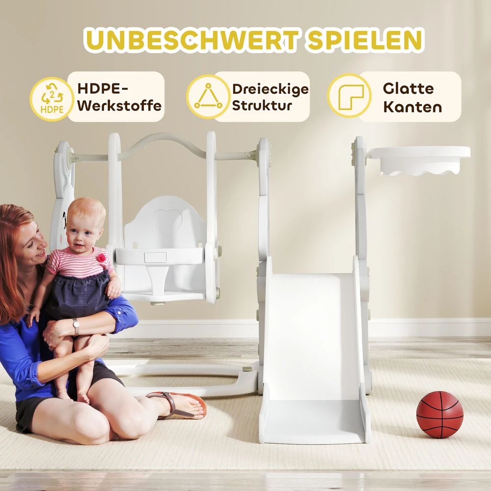 AIYAPLAY 4-in-1 čiuožykla su sūpynėmis, laipiojimo rėmu ir krepšinio lanku, zuikučio dizaino žaidimų aikštelė mažyliams vidaus ir lauko erdvėms, pilka