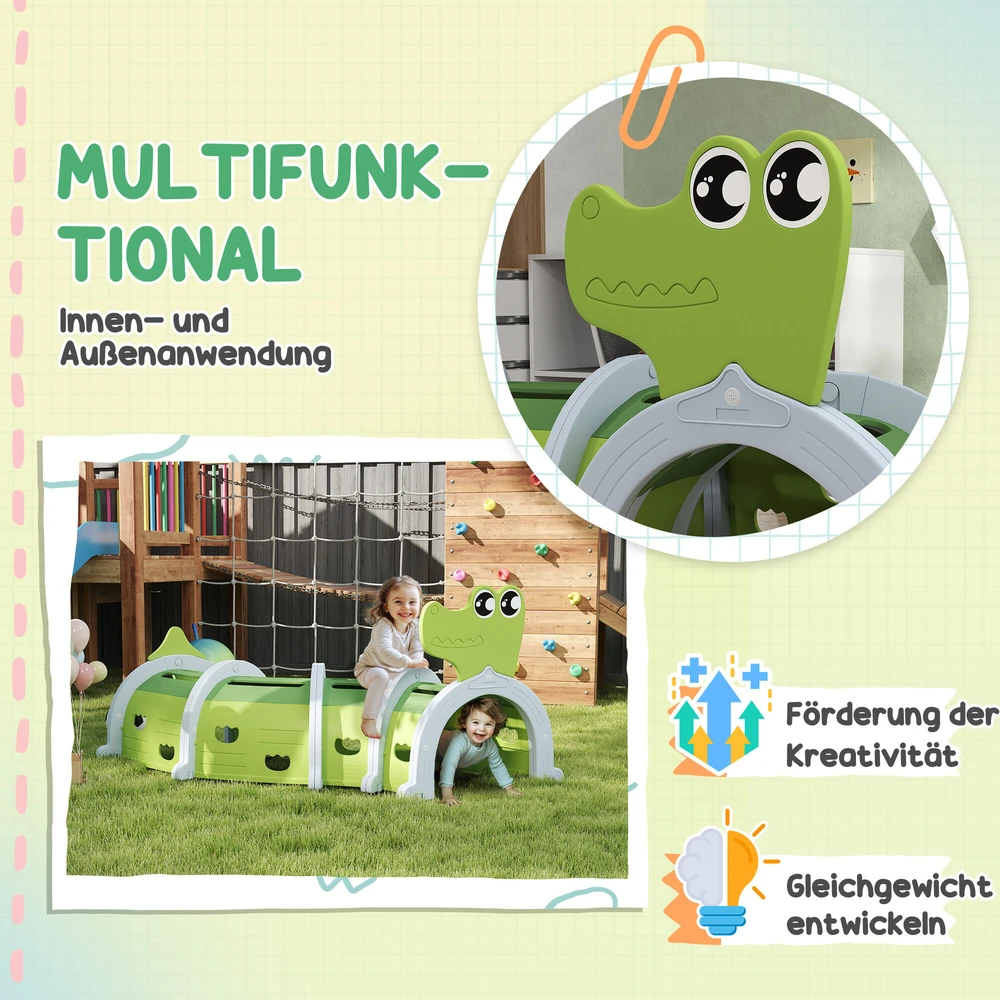 AIYAPLAY šliaužiojimo tunelis vaikams, žaidimų tunelis 194 cm, krokodilo dizainas, vaikiškas tunelis, 3-6 metų vaikams, plastikas, vidaus ir lauko naudojimui, žalias