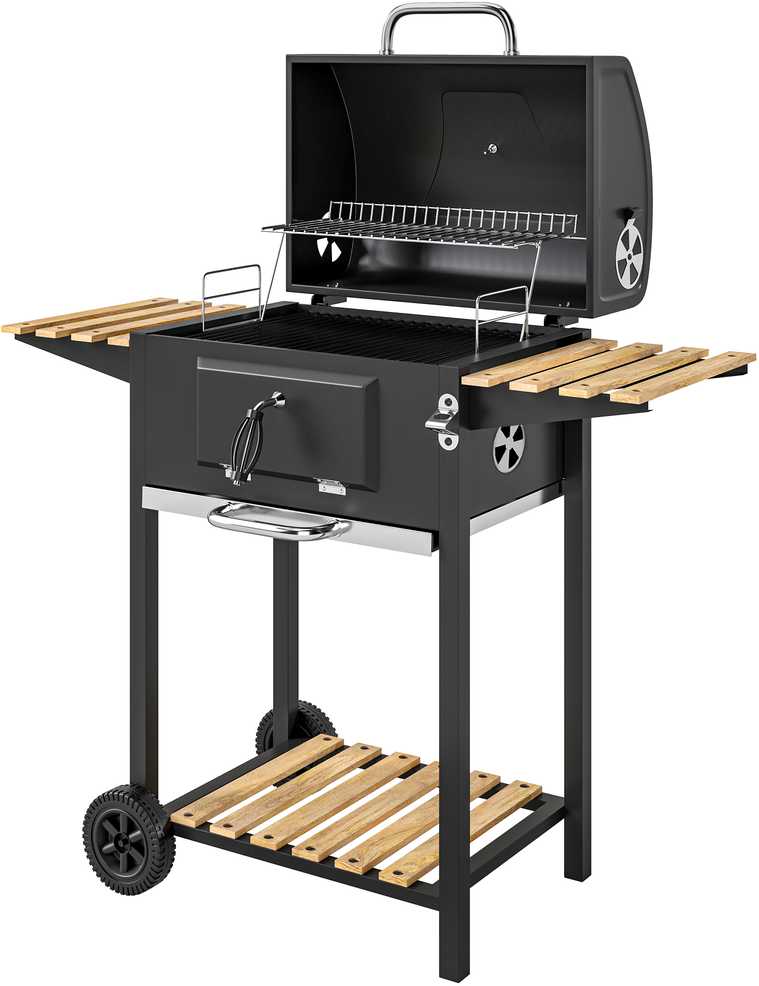 Outsunny mobilus nerūdijančio plieno kepsninė, vežimėlis su dangčiu, termometru, grotelėmis, ratukais, reguliuojama rankena ir anglių loveliu, grilis su medine lentyna, BBQ rūkykla kempingui ir sodui, 112x58x107cm