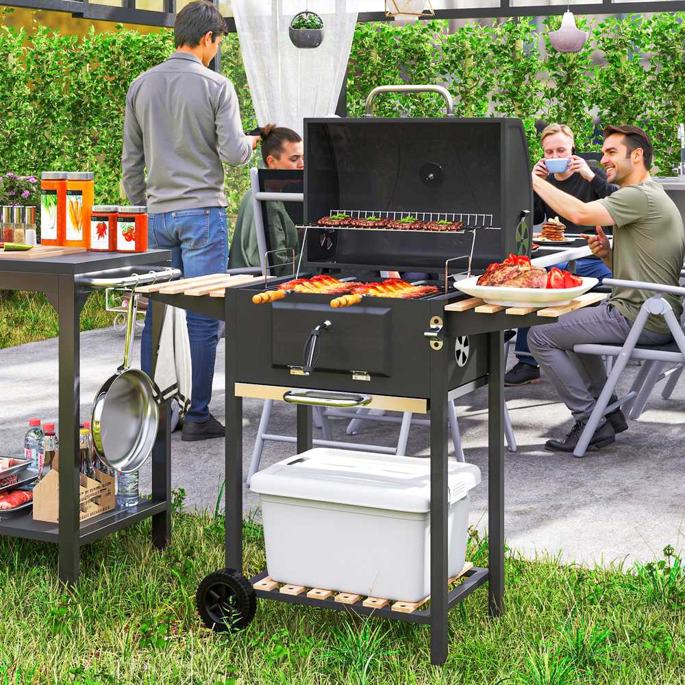 Outsunny mobilus nerūdijančio plieno kepsninė, vežimėlis su dangčiu, termometru, grotelėmis, ratukais, reguliuojama rankena ir anglių loveliu, grilis su medine lentyna, BBQ rūkykla kempingui ir sodui, 112x58x107cm