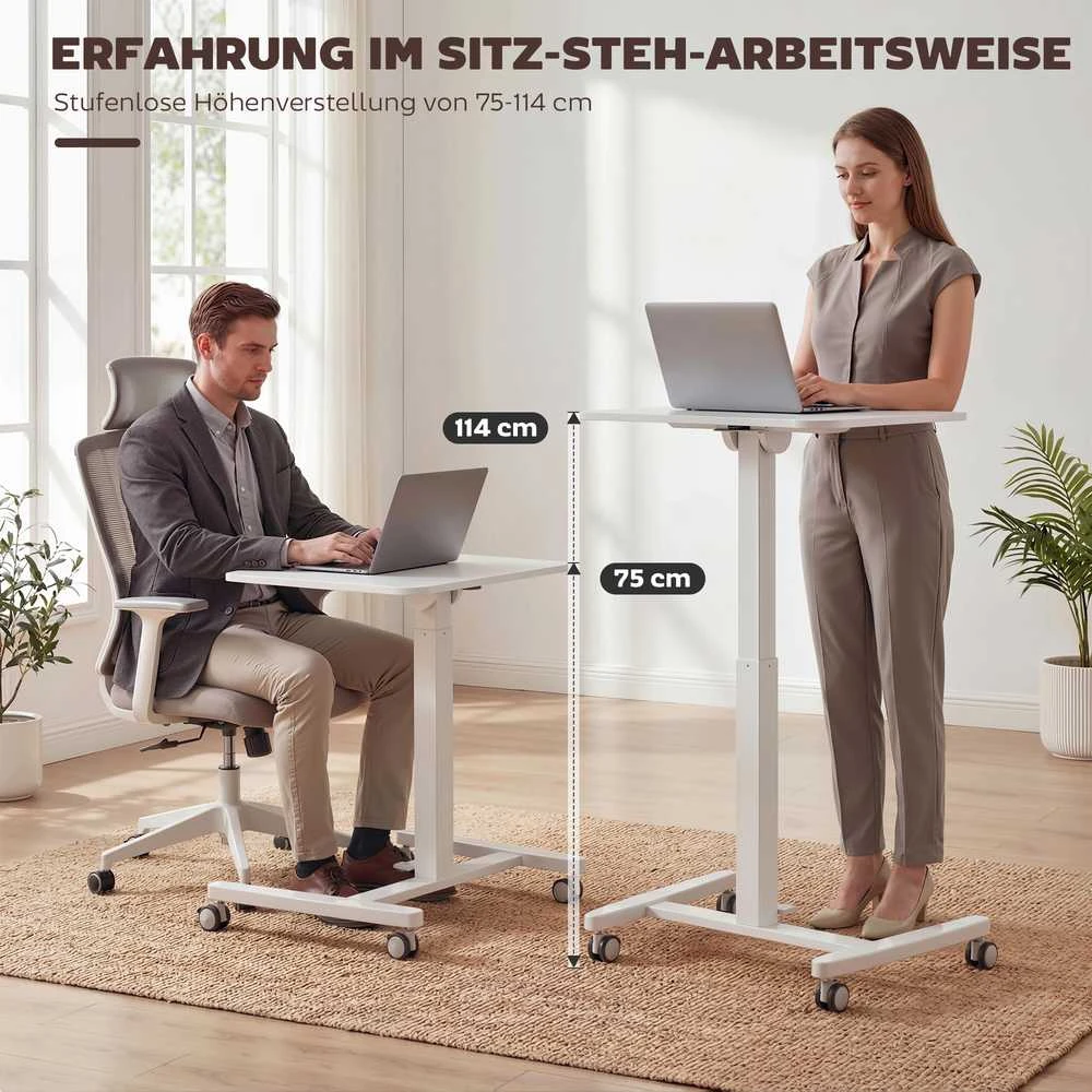 Aosom Aukščio reguliuojamas stovimas stalas, 60.5x52x75-114 cm, balta, plieno rėmas