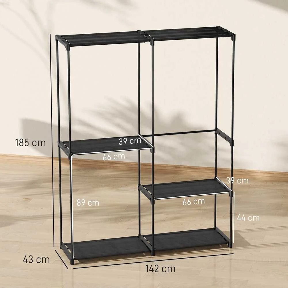 Aosom Drabužių kabykla 142x43x185 cm juoda, metalinis rėmas, su laikymo vieta