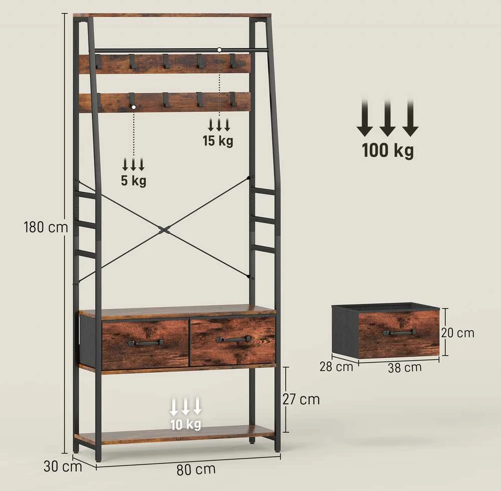 Aosom Drabužių kabykla su suoliuku batams, 80x30x180 cm, ruda, metalas