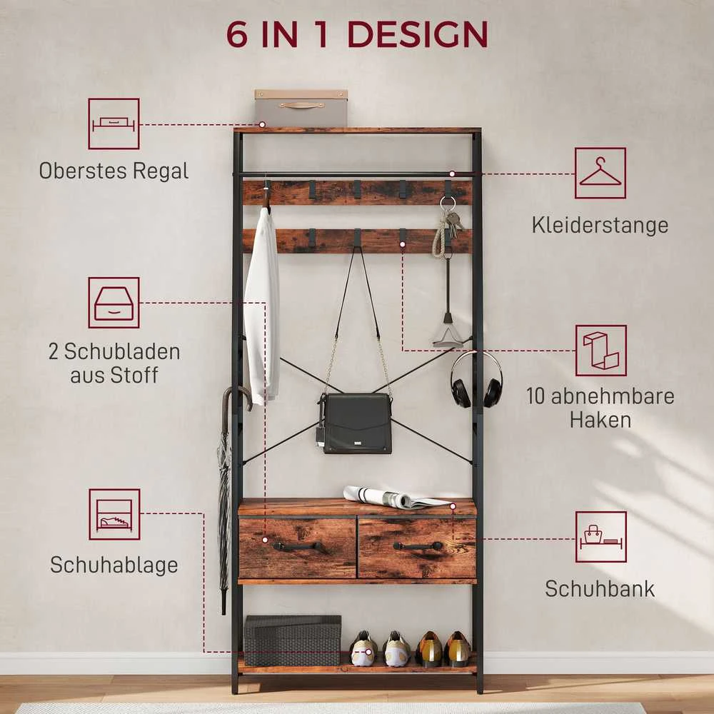Aosom Drabužių kabykla su suoliuku batams, 80x30x180 cm, ruda, metalas