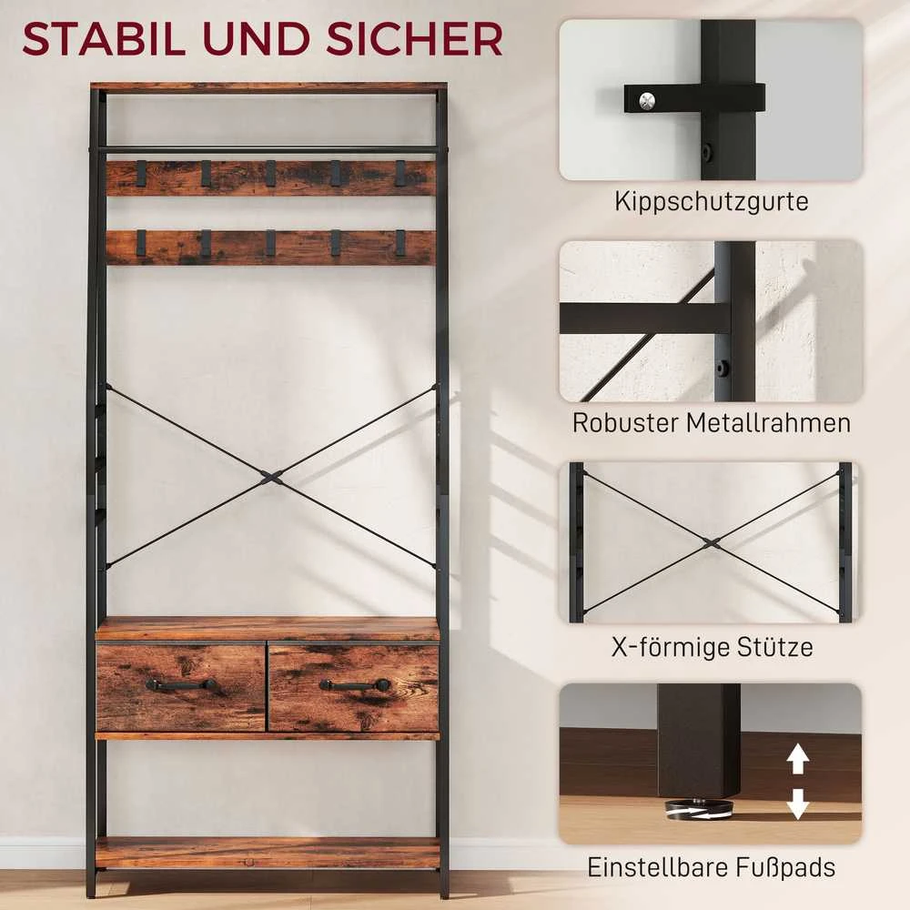 Aosom Drabužių kabykla su suoliuku batams, 80x30x180 cm, ruda, metalas