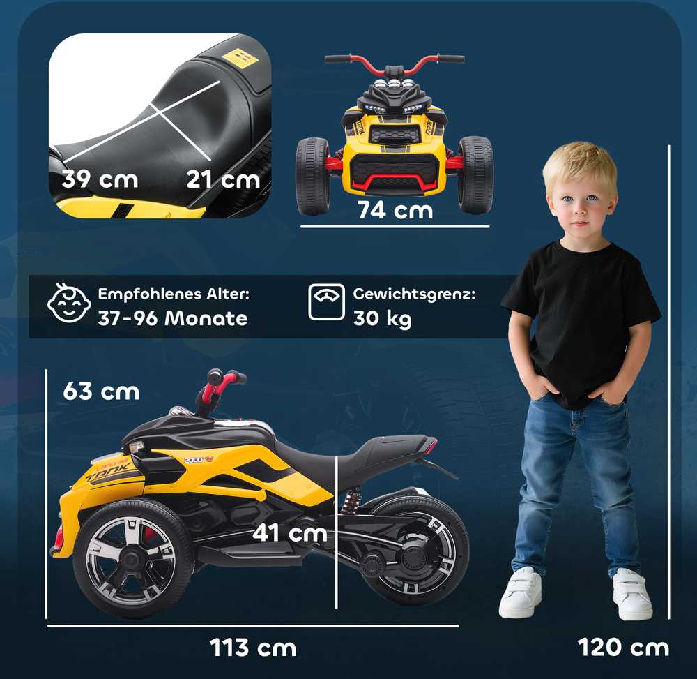 Aosom Elektrinis vaikiškas automobilis, atbulinės eigos triračio dizainas, 113x74x63 cm, geltonas, su akumuliatoriumi