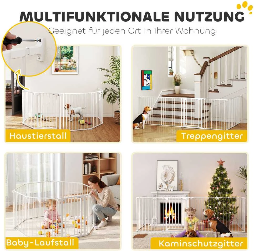 Aosom Gyvūnų varteliai, 6 dalių užtvara su durelėmis, 61x3x75 cm, balta, plienas