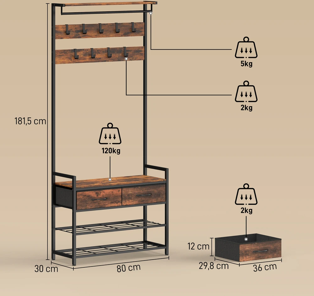 Aosom Paltų kabykla su kabliukais ir batų suoliukas 80x30x181,5 cm rudos spalvos plieno rėmas