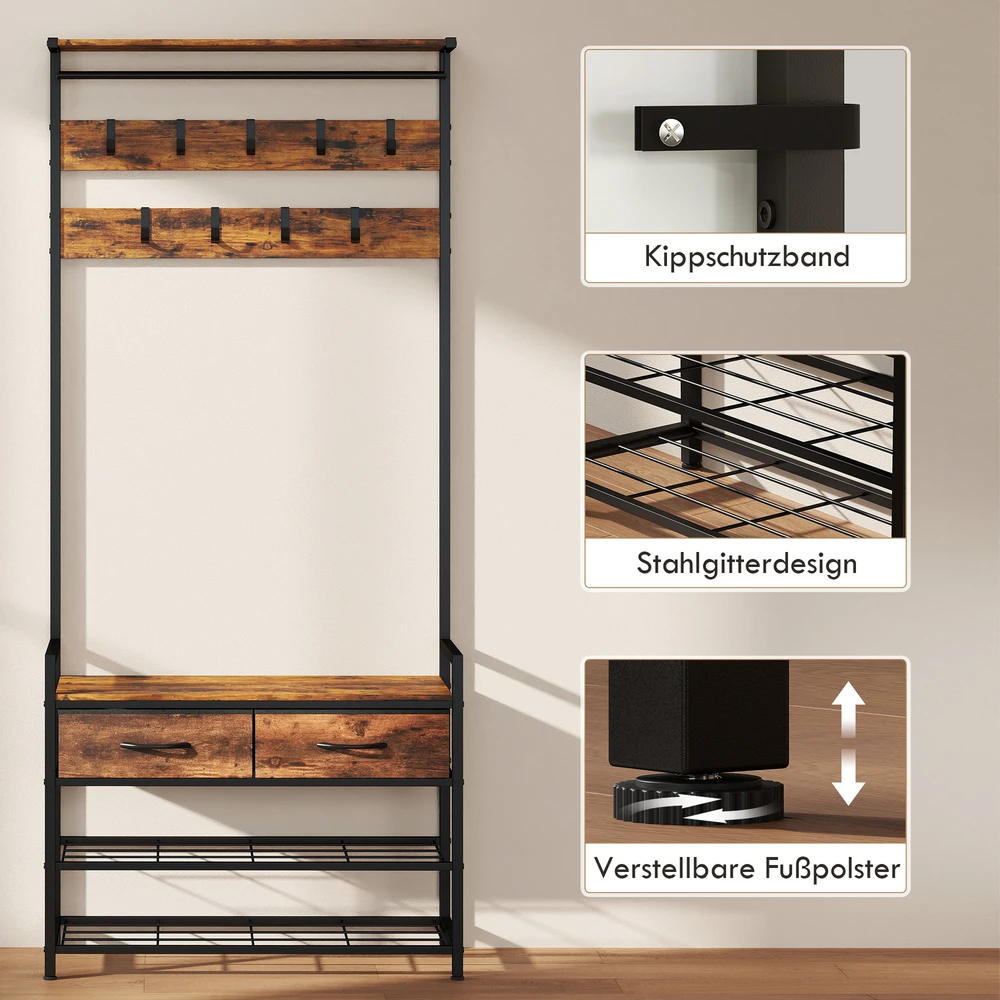 Aosom Paltų kabykla su kabliukais ir batų suoliukas 80x30x181,5 cm rudos spalvos plieno rėmas