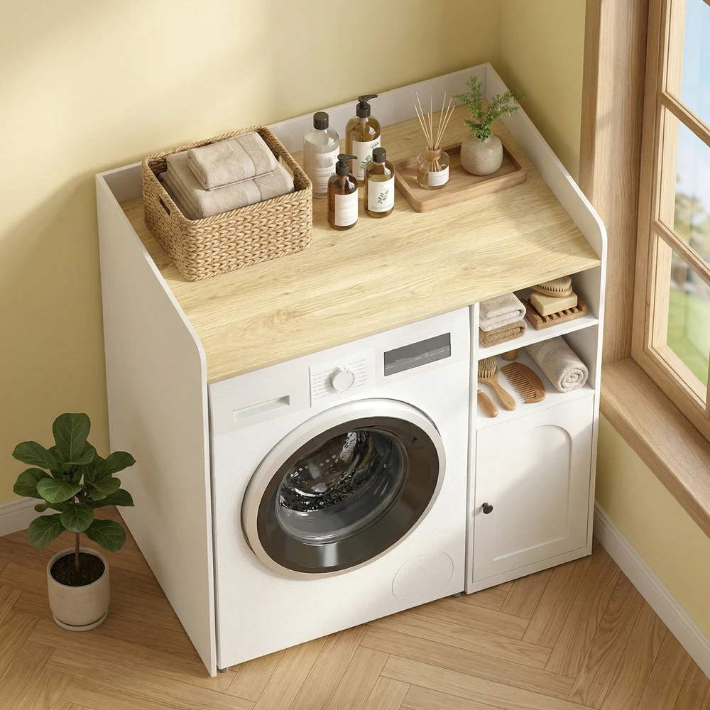 Aosom Skalbimo mašinos spintelė 93,5x60x100 cm balta mediena
