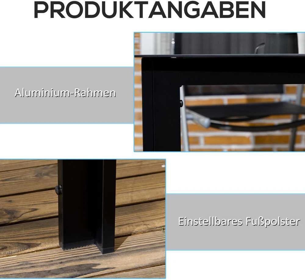Aosom Sodo stalas 150x90x74 cm juodas stiklas atsparus oro sąlygoms