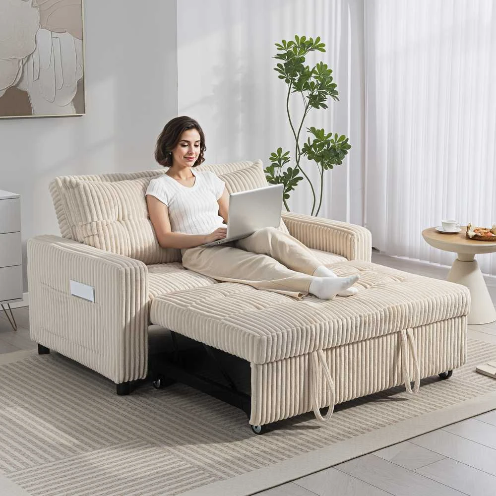 Aosom Sofa-lova, 157x190 cm, kreminė balta, veliūro audinys