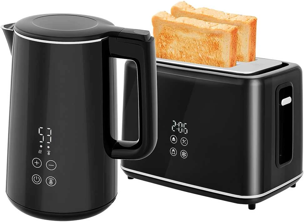 Skrudintuvas HOMCOM virdulio ir skrudintuvo rinkinys, 1,5 l virdulys, 2 skrudintuvo angos, 2200 W pusryčių rinkinys su 7 skrudinimo lygiais, atitirpinimo ir pašildymo funkcija, automatinio išsijungimo funkcija ir trupinių padėklu, juodas