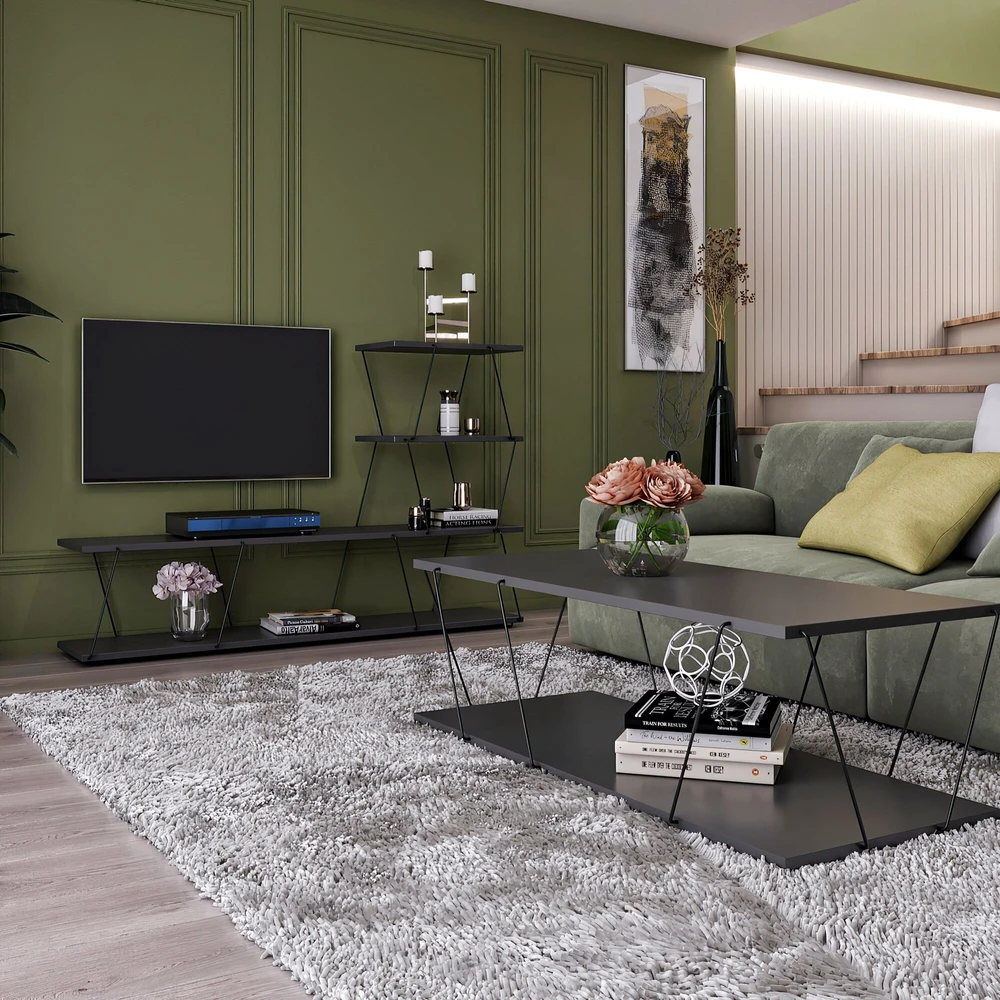 TV staliukas Asir Televizoriaus stovas, Basak, 150x93x30 cm, antracitasKavos stalas, Basak, 120x30x50 cm, antracitas.