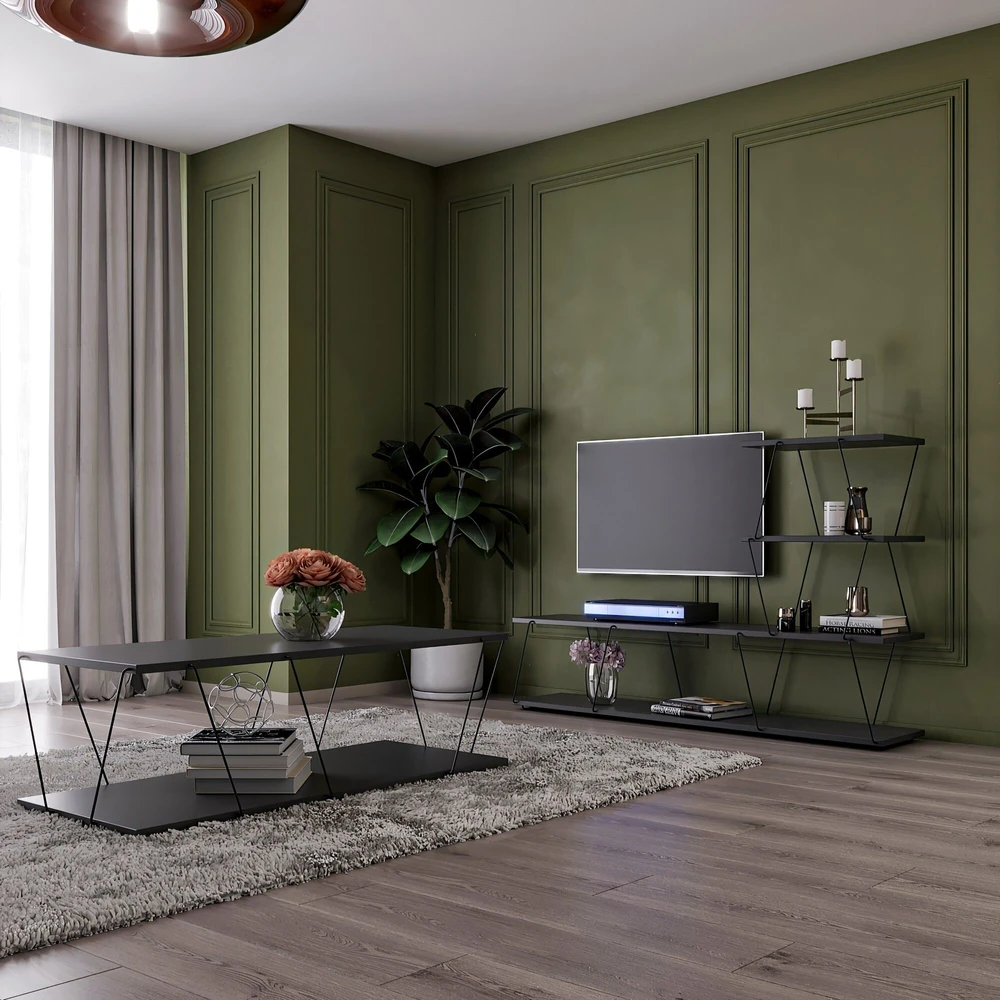 TV staliukas Asir Televizoriaus stovas, Basak, 150x93x30 cm, antracitasKavos stalas, Basak, 120x30x50 cm, antracitas.