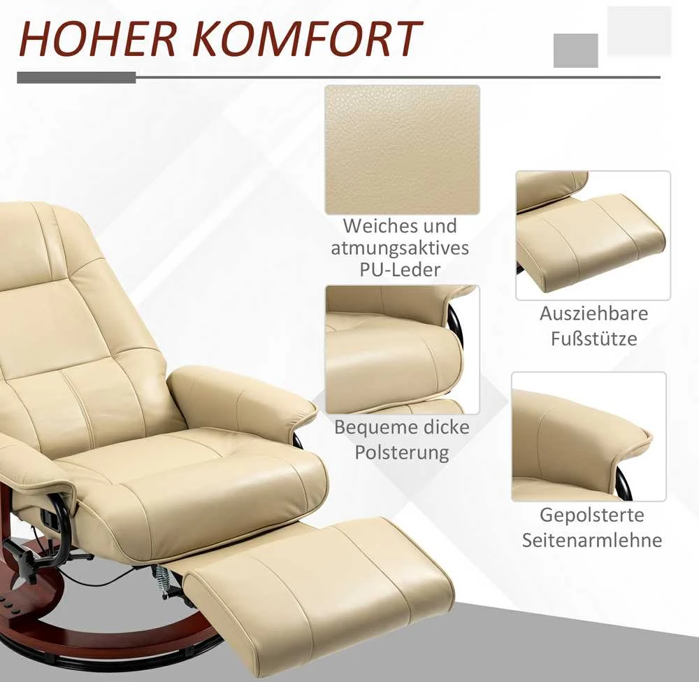 HOMCOM poilsio kėdė, TV fotelis su atlošimo funkcija, kojų atrama, 360° besisukantis fotelis su medinėmis kojelėmis, svetainei, dirbtinė oda, kreminė balta