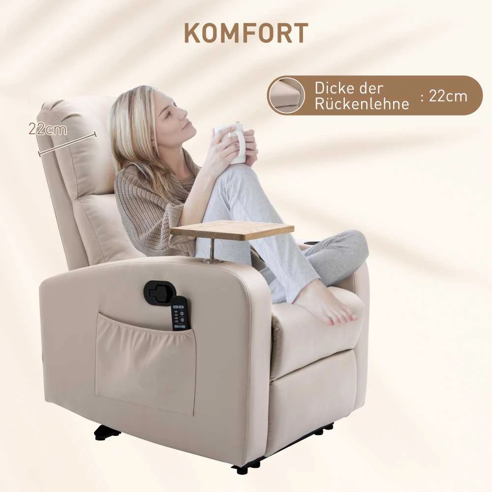 HOMCOM elektrinis masažinis fotelis, atsipalaidavimo krėslas su masažo funkcija, televizoriaus fotelis su atlošimo funkcija, mikropluoštas, smėlio spalvos