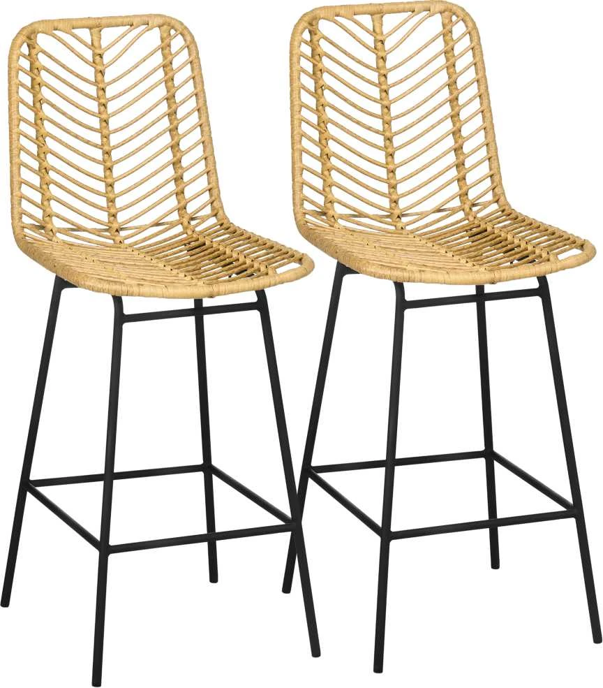 HOMCOM baro kėdės, 2 vnt., pintos išvaizdos baro kėdė, pusbario kėdė su atlošu, boho stiliaus virtuvės kėdė, baro kėdės, virtuvė, plienas, geltona