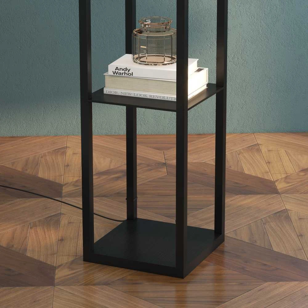 Grindų lempa su lentynomis, 26x26x160 cm, juoda