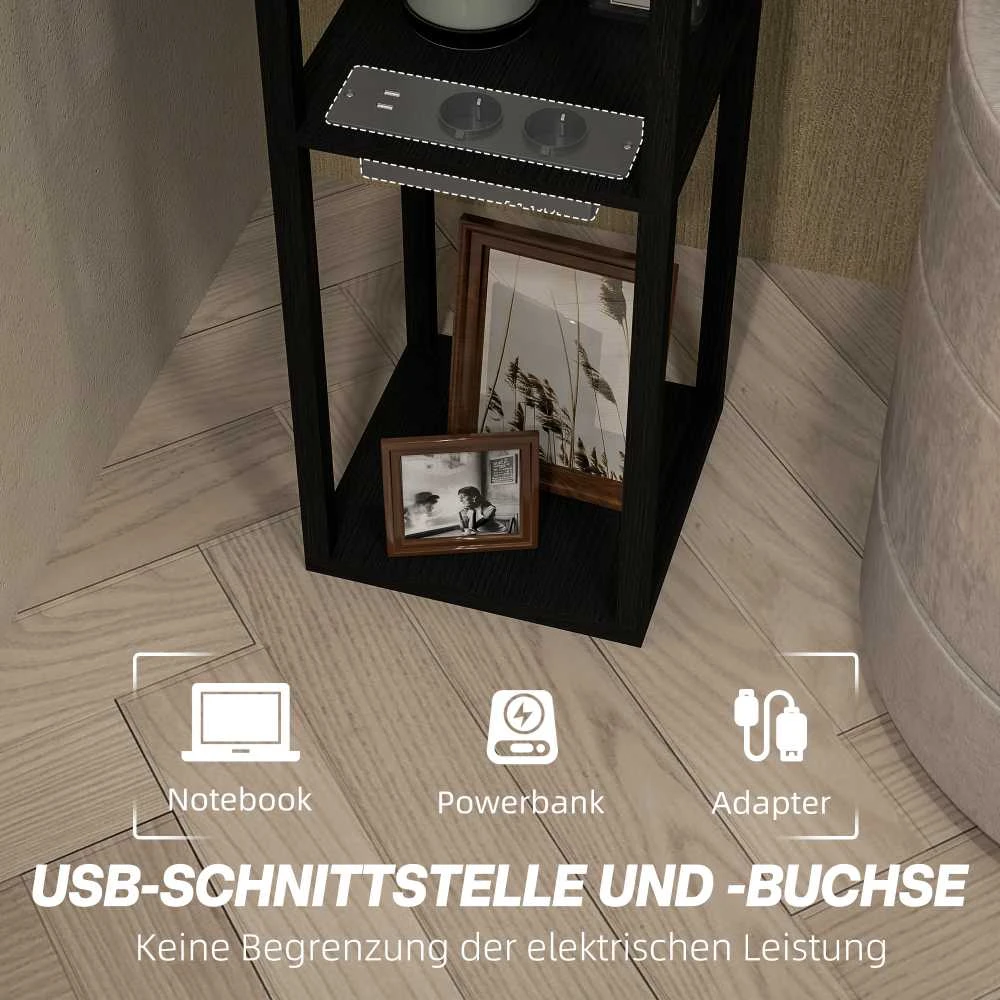 HOMCOM toršeras, pastatomas šviestuvas su 3 lentynomis, E27 lizdas, stalinė lempa su medžiaginiu gaubtu, USB-A, USB-C jungtimis svetainei, balta+juoda, be lemputės