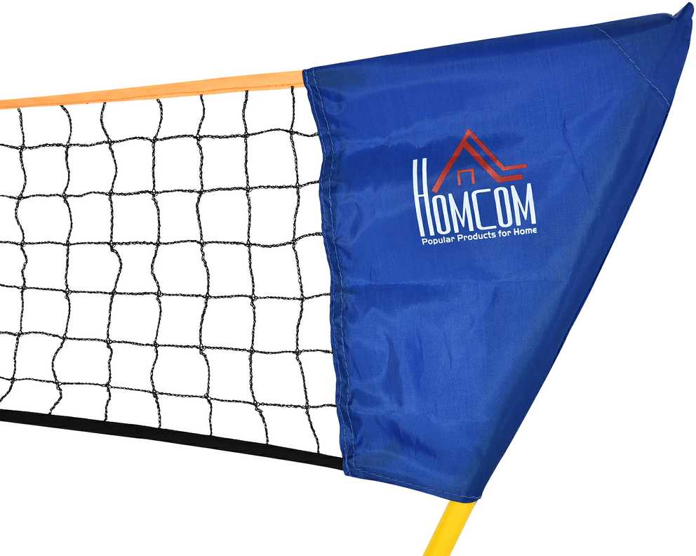 HOMCOM badmintono tinklas su stovu, badmintono tinklo stovas, nešiojamas tinklo stovas, badmintono tinklas su 4 badmintono raketėmis, lauko sportui, geltona + mėlyna
