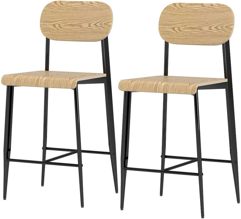 HOMCOM baro kėdžių komplektas (2 vnt.), baro kėdė su kojų atrama, metalinis rėmas, virtuvės kėdė, sėdynės aukštis 66 cm, prekystalio kėdė, lengvas surinkimas, industrinio stiliaus natūralus medis + juoda