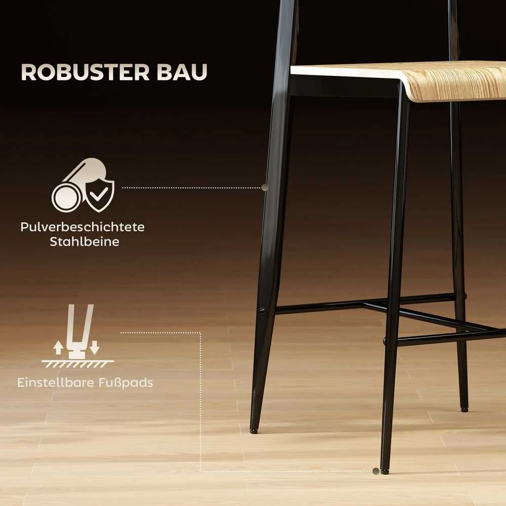 HOMCOM baro kėdžių komplektas (2 vnt.), baro kėdė su kojų atrama, metalinis rėmas, virtuvės kėdė, sėdynės aukštis 66 cm, prekystalio kėdė, lengvas surinkimas, industrinio stiliaus natūralus medis + juoda