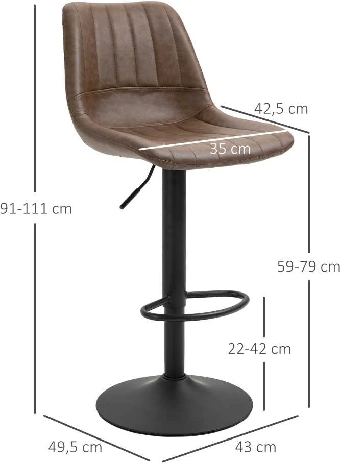 HOMCOM baro kėdžių komplektas, 2 vnt., reguliuojamo aukščio virtuvės baro kėdės, retro stiliaus dirbtinė oda, plienas, rudos