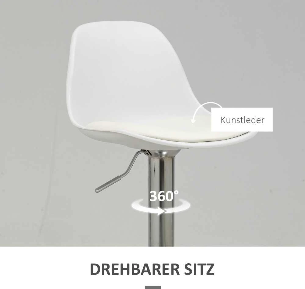 HOMCOM 2 baro kėdžių komplektas, su atlošu, modernaus dizaino, reguliuojamo aukščio, barui, balta spalva, dirbtinė oda, plienas, iki 120 kg, 40x42x82-104 cm