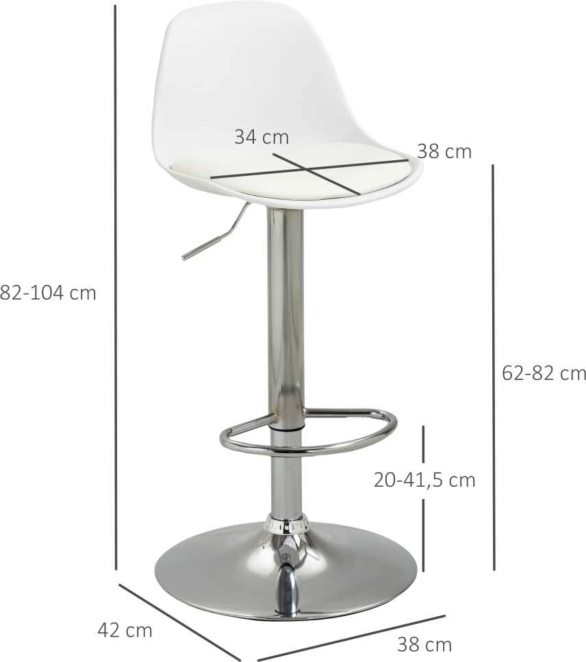 HOMCOM 2 baro kėdžių komplektas, su atlošu, modernaus dizaino, reguliuojamo aukščio, barui, balta spalva, dirbtinė oda, plienas, iki 120 kg, 40x42x82-104 cm