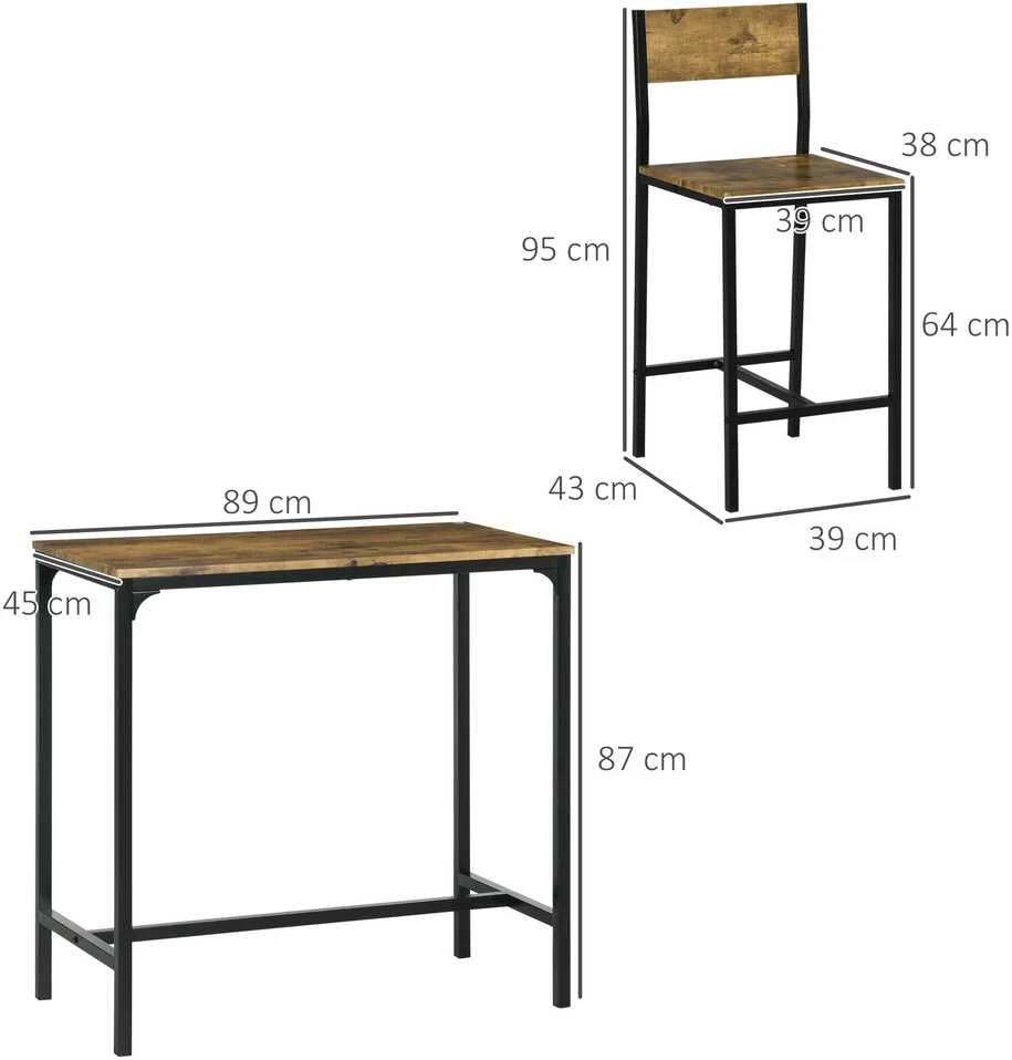 HOMCOM 3 dalių baro komplektas, baro stalas, 2 kėdės, MDF, metalinis rėmas, atsparus vandeniui, rudas