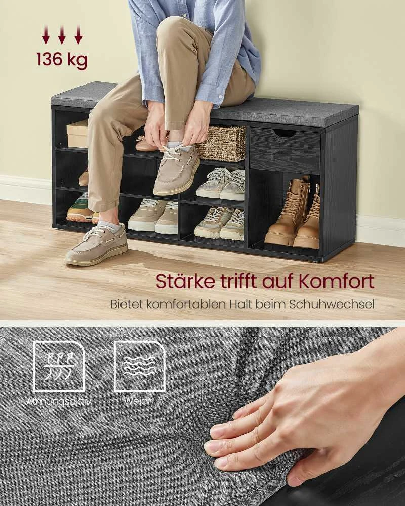 Songmics Vasagle Batų suolas su stalčiumi 30 x 104 x 48 cm juodalksnio juodos-juodos-skiedros pilkos spalvos