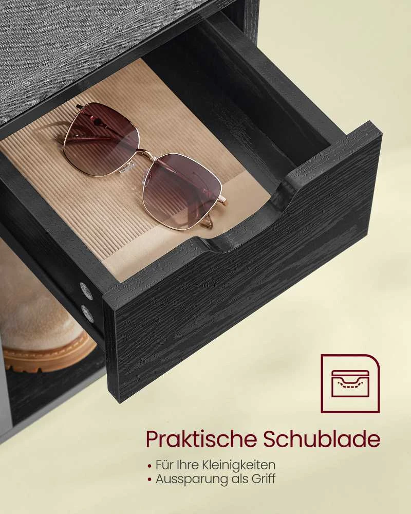 Songmics Vasagle Batų suolas su stalčiumi 30 x 104 x 48 cm juodalksnio juodos-juodos-skiedros pilkos spalvos