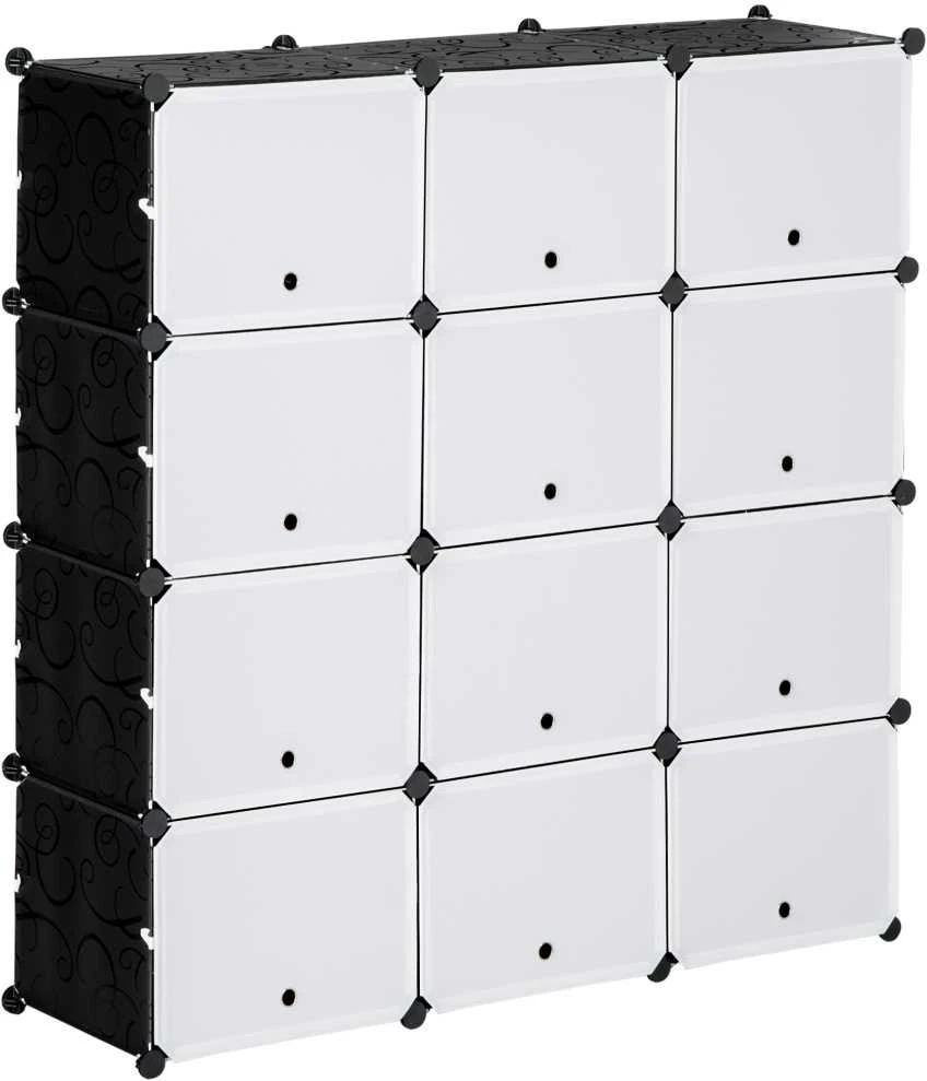 HOMCOM batų spintelė, 12 skyrių dėžė, „pasidaryk pats“ modulinė lentyna su durelėmis, plastikas ir plienas, juoda ir balta, 125 x 32 x 125 cm