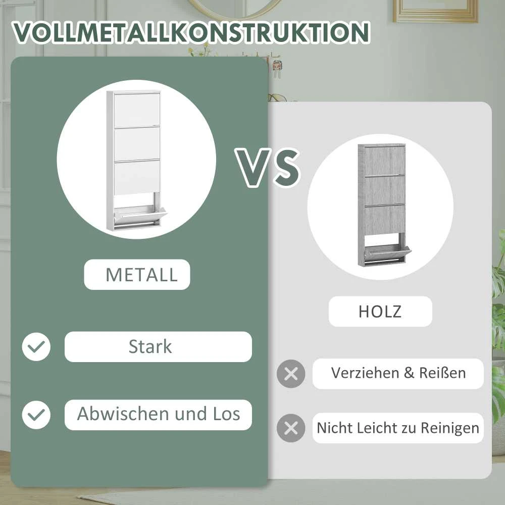 HOMCOM metalinė batų spintelė su 4 atlenkiamomis lentynomis, siaura, 8 poroms batų, batų lentyna, batų komoda, batų stovas, montuojamas prie sienos, prieškambariui, koridoriui 55 x 15 x 139,5 cm, balta