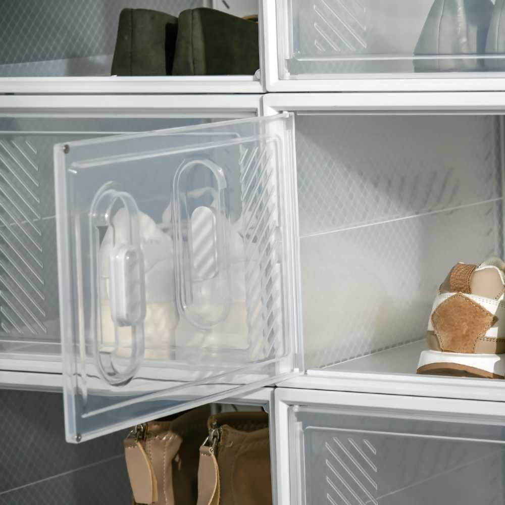 HOMCOM 8 batų dėžučių rinkinys, batų organizatorius su magnetinėmis durelėmis, plastikinė batų saugykla iki 45 dydžio, skaidri ir balta