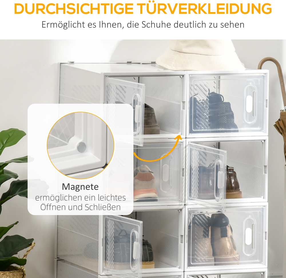 HOMCOM 8 batų dėžučių rinkinys, batų organizatorius su magnetinėmis durelėmis, plastikinė batų saugykla iki 45 dydžio, skaidri ir balta