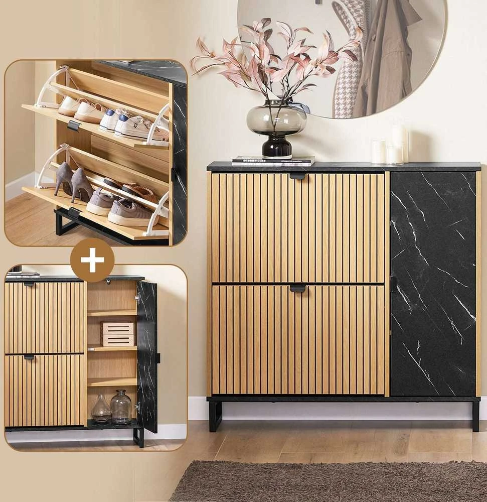 Batų spintelė, SoBuy FSR203-N, 90x24x88 cm, Juoda ir Šviesi Mediena