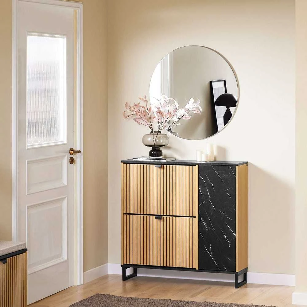 Batų spintelė, SoBuy FSR203-N, 90x24x88 cm, Juoda ir Šviesi Mediena
