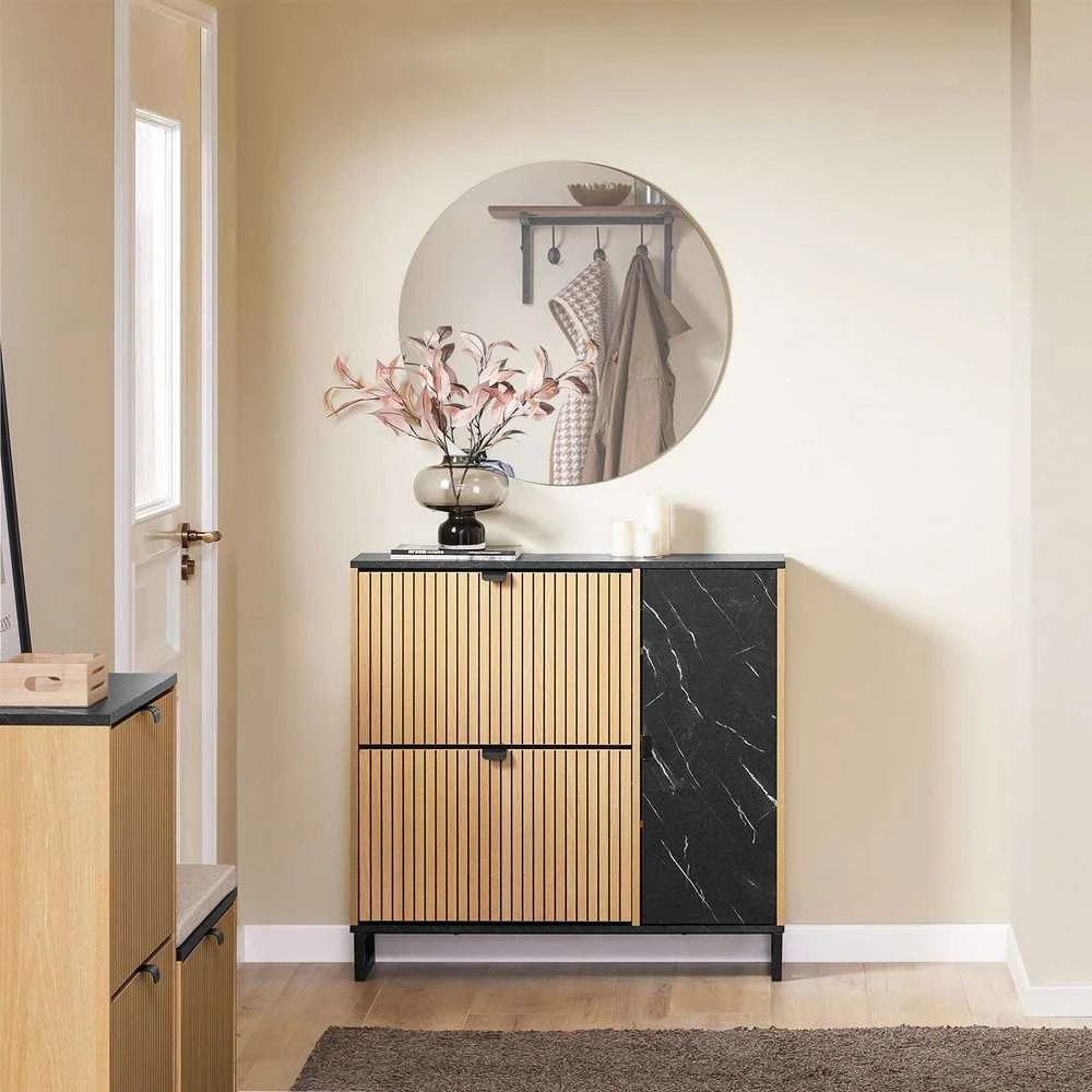 Batų spintelė, SoBuy FSR203-N, 90x24x88 cm, Juoda ir Šviesi Mediena