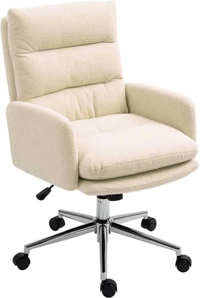 HOMCOM biuro kėdė, ergonomiška rašomojo stalo kėdė su porankiais, ėriuko vilnos išvaizda, aukščio reguliuojama besisukanti kėdė su supimosi funkcija, paminkštinta namų biuro kėdė, kreminės baltos spalvos