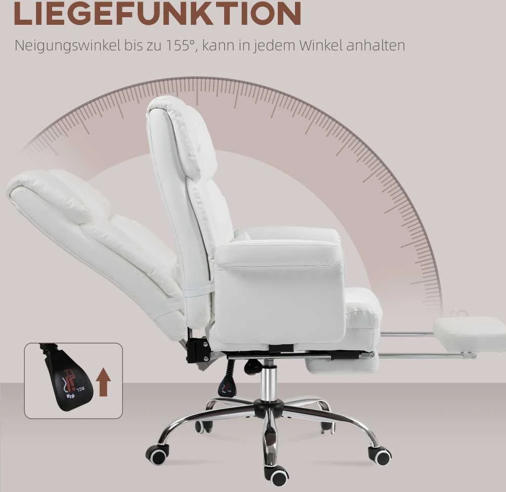 HOMCOM biuro kėdė, ergonomiška rašomojo stalo kėdė su atsilenkimo funkcija, juosmens pagalvėle, reguliuojamo aukščio kompiuterio kėdė su kojų atrama, sukimosi funkcija, skirta namų biurui, dirbtinė oda, balta