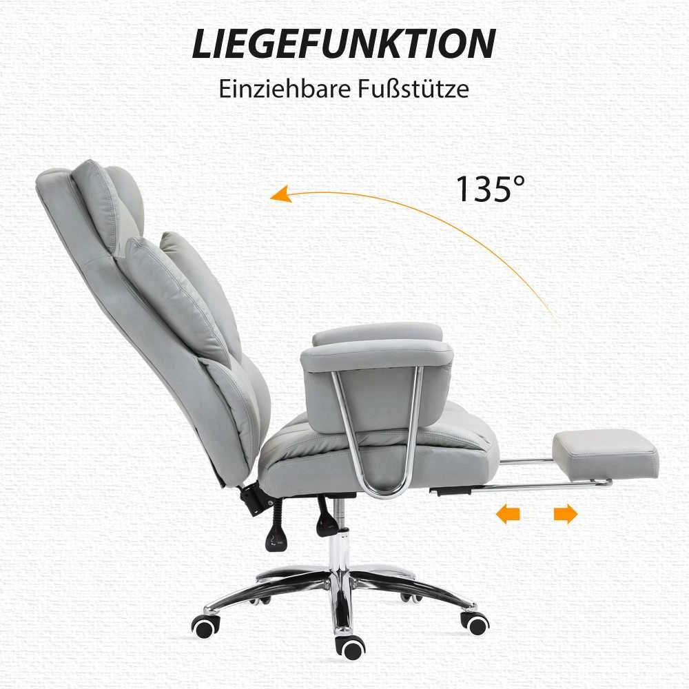 "HOMCOM" biuro kėdė su atsilenkimo funkcija, ergonomiška biuro kėdė, reguliuojamo aukščio sukamoji kėdė su kojų atrama, minkšta, keliamoji galia iki 120 kg, skirta biurui, kabinetui, šviesiai pilka