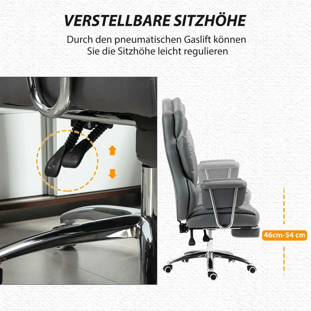 HOMCOM biuro kėdė su atlošimo funkcija, ergonomiška darbo kėdė, reguliuojamo aukščio sukama kėdė su kojų atrama, paminkštinta, keliamoji galia iki 120 kg, tamsiai pilka