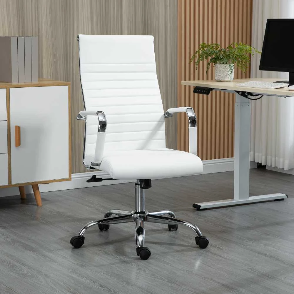 Vinsetto biuro kėdė, sukamoji kėdė, vadovo kėdė, su supimosi funkcija, reguliuojamo aukščio, paminkštinta, ergonomiška, dirbtinė oda, porolonas, balta, 54 x 62 x 104-114 cm