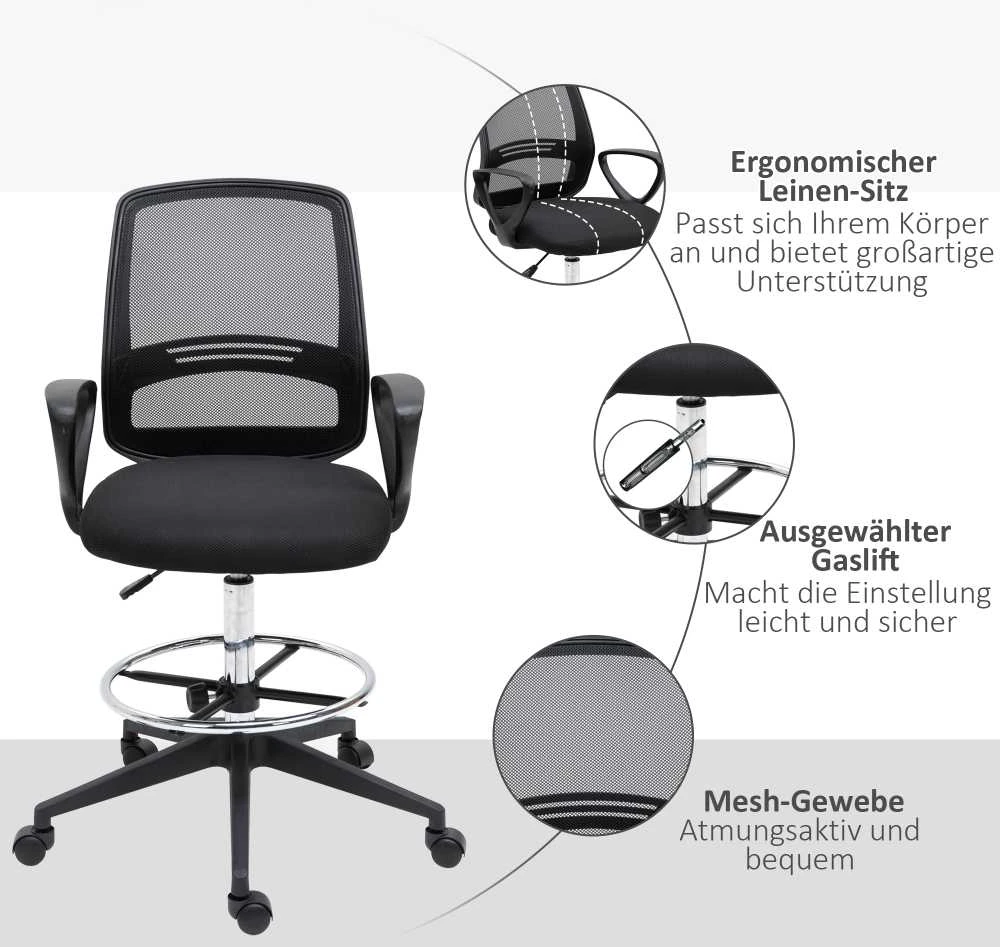 Vinsetto darbo kėdė, ergonomiška sukamoji kėdė, biuro kėdė, reguliuojamo aukščio stovimoji kėdė, kojų atrama, metalas, juoda, 59,5x60x102,5–126 cm